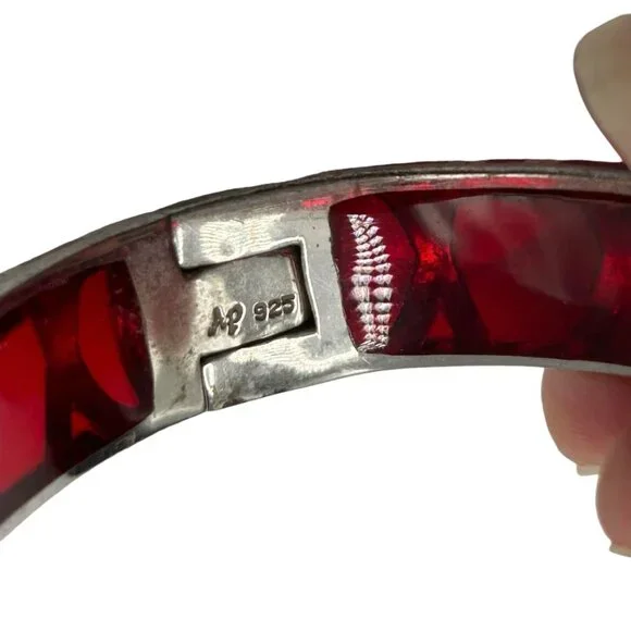 Angelique de Paris Red Resin Sterling Overlay Hinged Bangle Bracelet